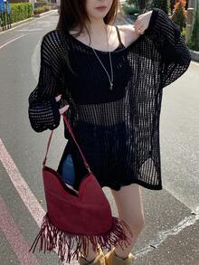 DAZY Women's Korean Style Summer Casual Mesh Knit Vacation Blouse - Black - View 4