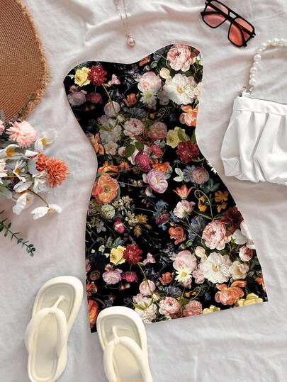 Soleia Women's Vacation Floral Oil Painting Print Fitted Mini Dress, Casual Everyday Versatile, Date, Afternoon Tea, Beach, Cruise, Road Trip, Suitable For All Seasons, Wedding Season, Beach, Spring/Summer Vacation, Cruise, Island Vacation, Music Festival, Boho Vacation,Bohemian Clothes Chic Dress