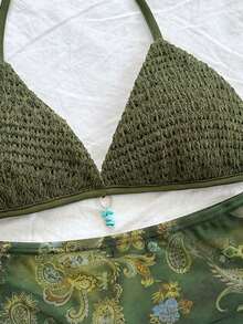 Soleia 女士复古度假风V领露背系带修身撞色上衣搭配低腰褶皱抽绳短裤两件套，适合派对、圣诞节、约会、夜店、海滩、邮轮、下午茶、波西米亚风、度假、秋季等场合。 - 綠色 - 查看 5