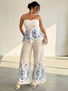 Firerie 大码复古抹胸上衣和宽松长裤两件套，休闲百搭，夏季必备 - 藍白色 - 查看 4