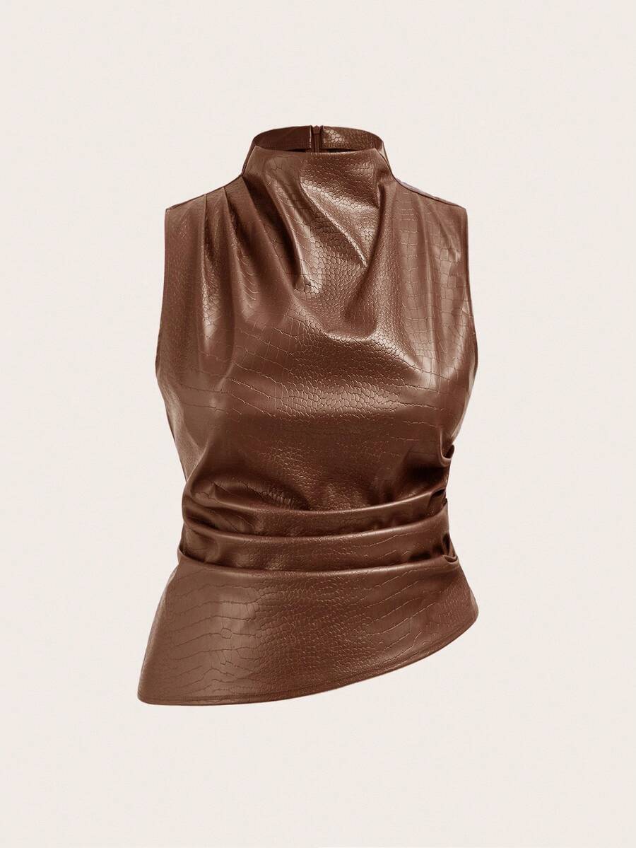 Auralis Áo nữ cỡ lớn kiểu dáng thường ngày, Áo PU màu đỏ tía, Áo nữ thanh lịch, Trang phục nữ mùa thu, Thời trang nữ mùa thu - Lạc đà - Xem 1