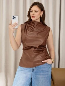 Auralis Áo nữ cỡ lớn kiểu dáng thường ngày, Áo PU màu đỏ tía, Áo nữ thanh lịch, Trang phục nữ mùa thu, Thời trang nữ mùa thu - Lạc đà - Xem 3