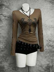 StreetHx 十字印花V领薄款长袖T恤，朋克风格 - 摩卡棕 - 查看 6