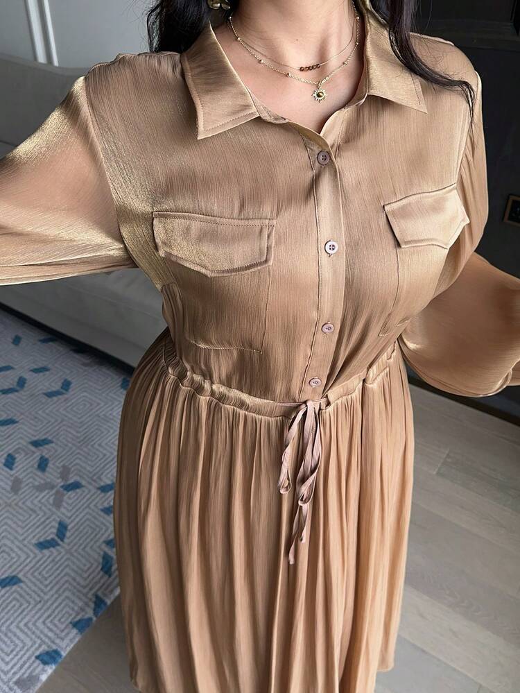 Dazy Plus Plus Size Women Solid Color Shiny Lapel Drawstring Waist Long Sleeve Casual Dress, Spring/Summer Sundress
