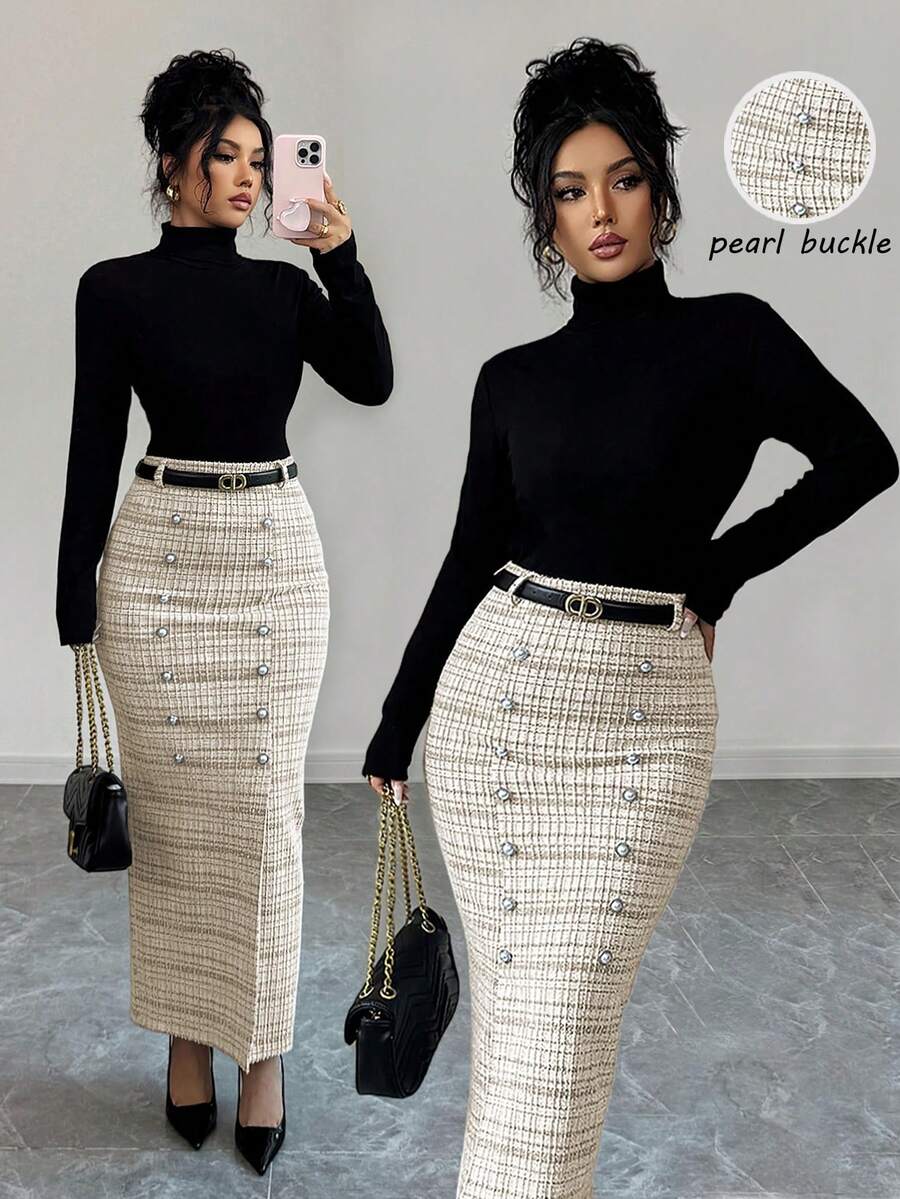 SHEIN Elenzya Chân váy maxi dáng suông cạp cao, xẻ tà, cài khuy ngọc trai, chất liệu len pha, thích hợp cho các dịp thường ngày, tiệc tùng, mùa thu/đông. - Màu be - Xem 1