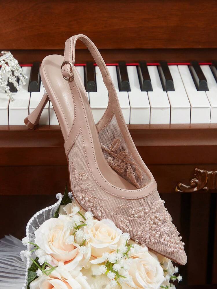CUCCOO HITCHD Women's Floral Faux Pearl Decor Buckle Design Pointed Toe Elegant High Heels Elegant Shoes Wedding Shoes