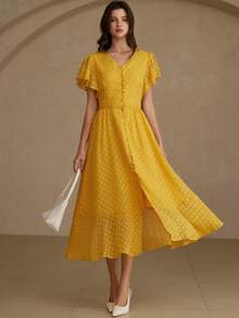 Aveloria Rosie Elegant Women's French Luxury Embroidered Mesh Cap Sleeve A-Line Mini Dress - Yellow - View 4