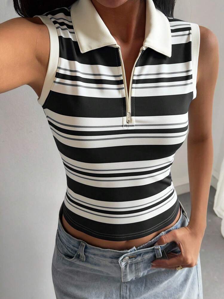 Women's Striped Collared Casual Tank Top, Summer Y2k