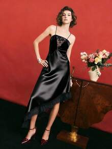 Poéselle Women's Lace Patchwork Asymmetrical Hem Sexy Date Party Mid-Length Slip Dress Valentine's Day,Date Night,New Year's Eve ,Party  Dress - Black - View 5