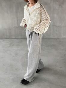 FRIFUL Women's Lace Lantern Sleeve Open Front Loose Jacket - Beige - View 6