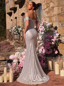 Glamrae 优雅奢华串珠+水钻设计，包覆弹力褶皱性感开衩鱼尾露肩连衣裙，适合婚礼、派对、节日、盛会、晚宴等正式场合（重磅款） - 香檳色 - 查看 5