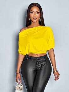 SOLERSUN Women's Solid Asymmetrical Neck Ruched Shoulder Tee - Yellow - View 3