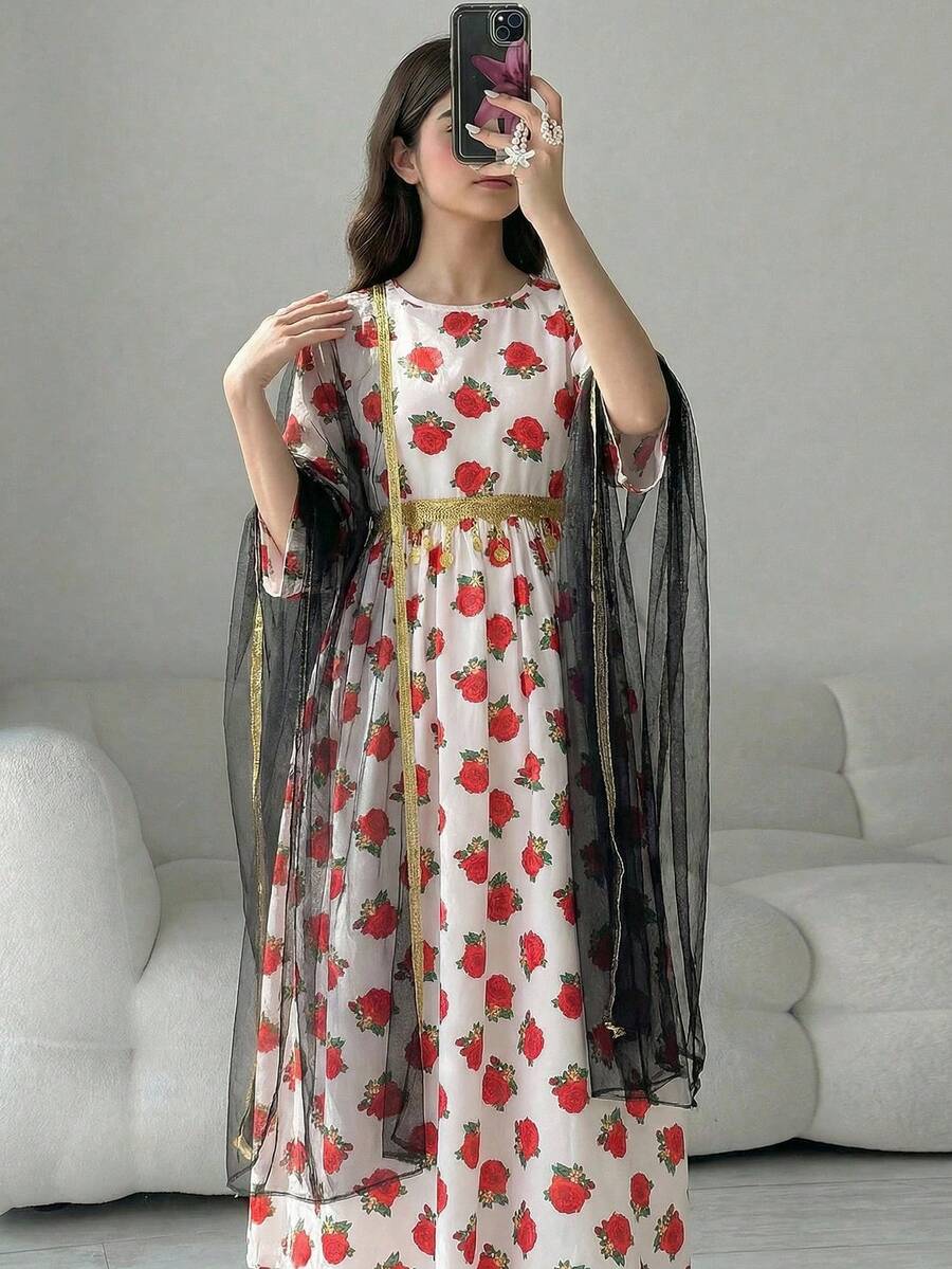 عباياتabaya
جلابياتjalabiya
جلابيه 
الملابس التقليدية العربية,Tween Girl Elegant Party Floral Allover Print Mesh Overlay Dress, Thobes For Kid Girls, Kids Arabic Dress, Abayas For Kids - Multicolor - View 1