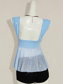 SHEIN ICON Shiny Fabric Asymmetrical Mesh Hem Women Tank Top - Baby Blue - View 2