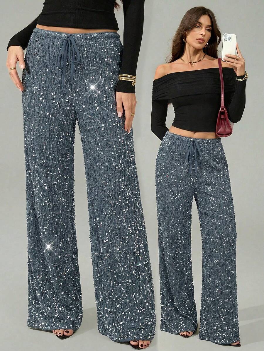 SHEIN Tall 女士黑色丝绒亮片休闲/音乐会/鸡尾酒会/夜生活/嘉年华抽绳阔腿裤 - 灰色 - 查看 1