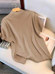 GlowEve CURVE Tight Fitting Slim Knitted Short Sleeve Pullover Sweater - Apricot - View 4