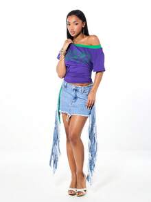 SUMWON WOMEN Off Shoulder Butterfly Print Asymmetric Ruched Jersey Top With Green Trim Detail Short Sleeves - Purple - View 5