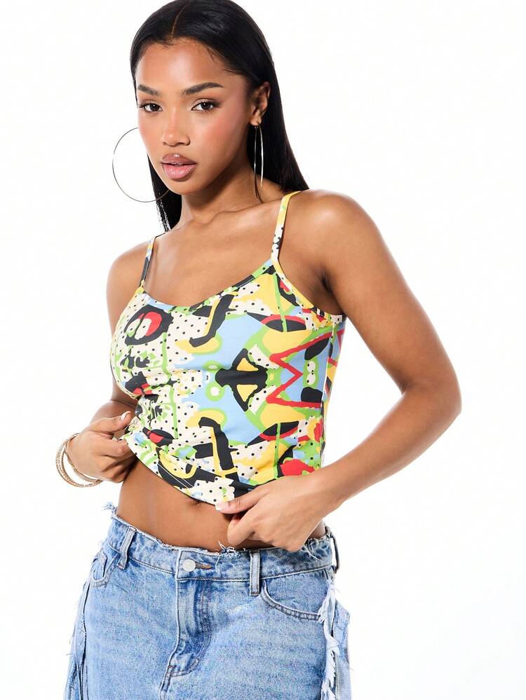 SUMWON Ärmellose Trägertop mit abstraktem grafischem Muster, Rundhalsausschnitt, Sommerfestival-Design mit farbigem Muster