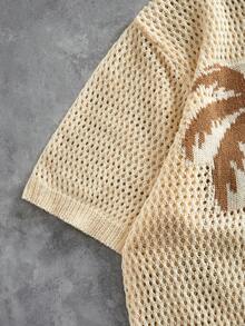 ROMWE MEN 男士夏季海滩度假热带椰树镂空针织上衣 - 杏色 - 查看 4