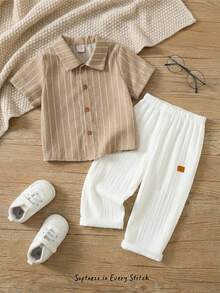 Cozy Pixies 2pcs/Set Baby Boy Blue And White Striped Summer Casual Family Matching Vacation Lapel Short Sleeve Cardigan Top,Elastic Waist Straight Leg Pants - Khaki - View 1