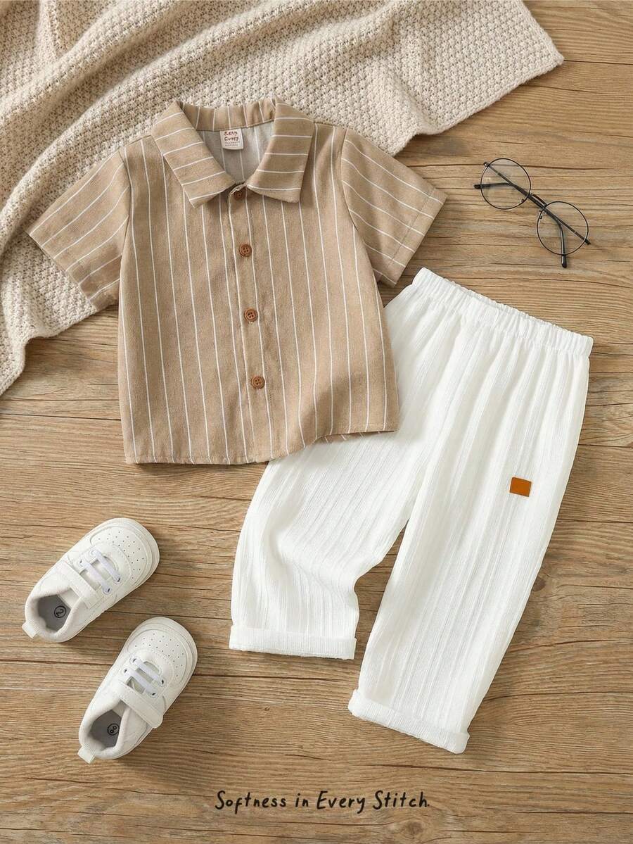 Cozy Pixies 2pcs/Set Baby Boy Blue And White Striped Summer Casual Family Matching Vacation Lapel Short Sleeve Cardigan Top,Elastic Waist Straight Leg Pants - Khaki - View 1