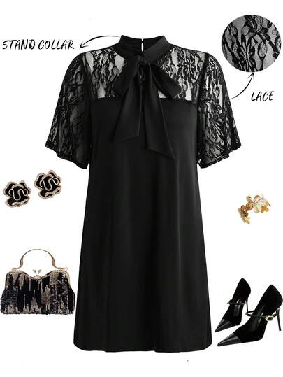 SHEIN Clasi CURVE Plus Size Women Elegant Lace Patchwork Loose Straight Dress, Bowknot Dress, Summer