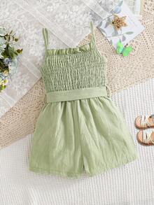 SHEIN Spring/Summer New Girls Young Casual Vacation Pure Cotton Cute Ruffled Strap Cinching Waist Bow Button Jumpsuit - Olive Green - View 2