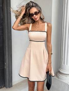 Pariaura Đầm nữ kiểu Pháp INS dây mảnh dáng chữ A cổ vuông xếp nếp hở lưng thắt nơ eo tôn dáng, đầm nữ, quần áo nữ, đầm hè nữ, trang phục hè nữ, đầm chất lượng cao - Màu be - Xem 2