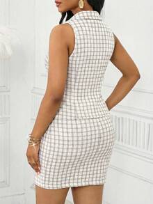 SHEIN Lady Women's Elegant Commuter Plaid Vest & Skirt Suit Set - Black and White - View 2