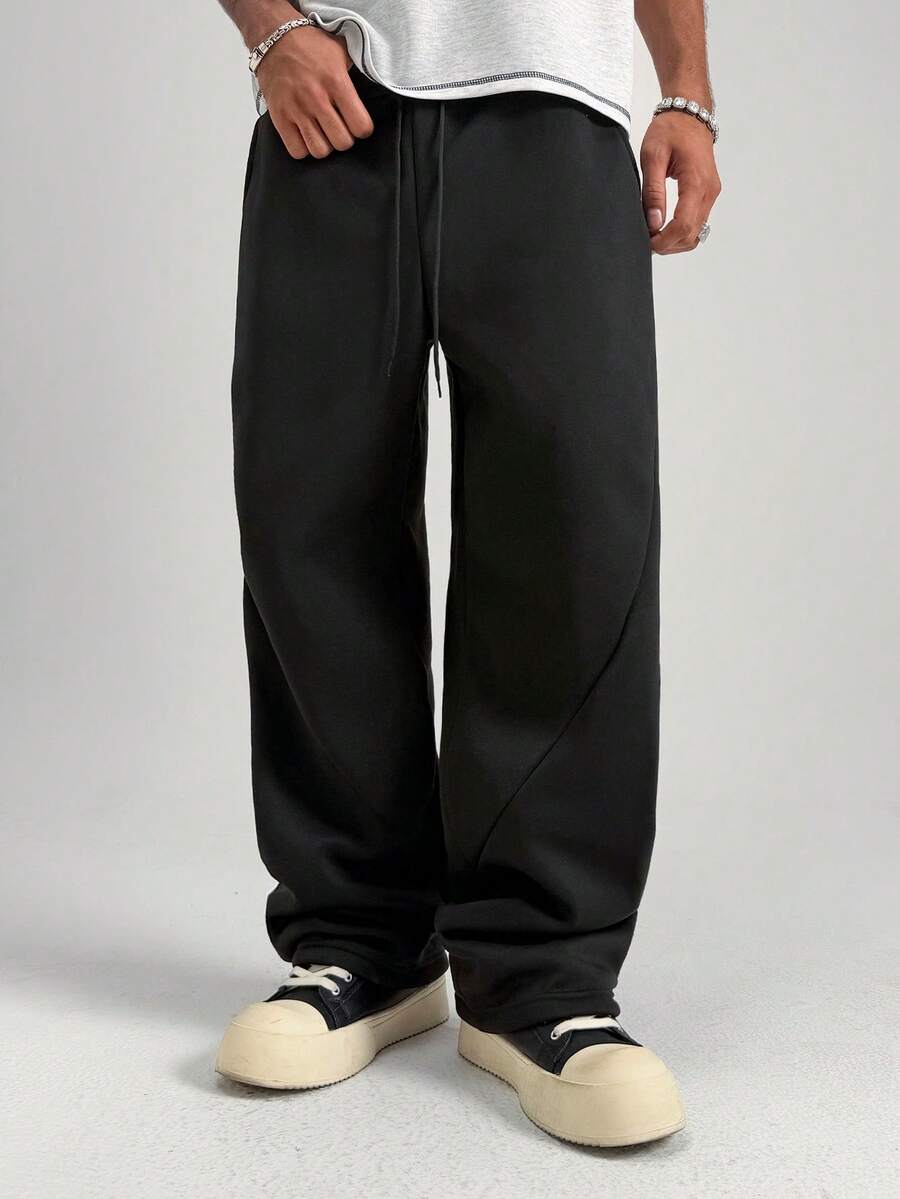 PAVTROS Men's Loose Casual Solid Color Drawstring Waist Straight Leg Pants - Black - View 1