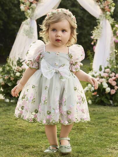 SHEIN Baby Girl Cute & Elegant Green Floral Embroidered Mesh Short Sleeve Dress