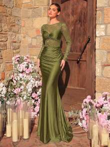 Glamrae Elegant Luxurious Stretchy Lace Patchwork Knit Dress,Ruched Open Back Bodycon Mermaid Evening Dress For Wedding,Party,Gala,Valentine's Day - Army Green - View 7