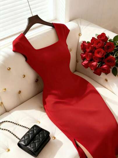 Elenzga Nuevo vestido largo elegante y sofisticado para mujer con cuello cuadrado, mangas abullonadas, diseño de abertura lateral, tela elástica de alta calidad, unicolor, silueta ajustada y cintura estilizadora, ideal para uso casual y de oficina en otoño/invierno