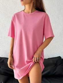 SHEIN EZwear Đầm nữ tay ngắn cổ tròn dáng rộng thoải mái, thích hợp cho mùa hè, màu hồng. - Màu Hồng baby - Xem 3