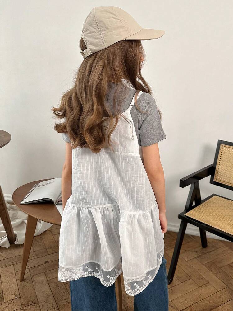 Tween Girl Solid Color Round Neck Short Sleeve T-Shirt And Ruffle Hem Camisole Dress Casual 2-Piece Set