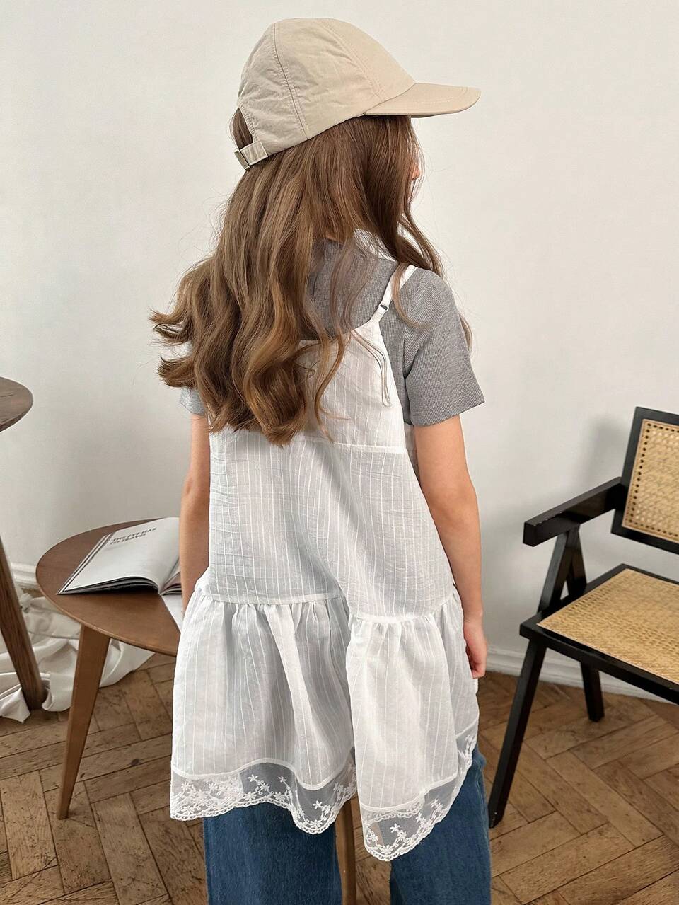 Tween Girl Solid Color Round Neck Short Sleeve T-Shirt And Ruffle Hem Camisole Dress Casual 2-Piece Set