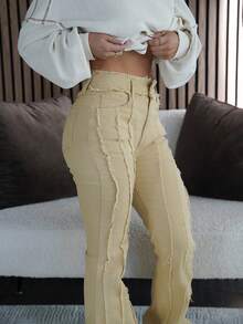 SAYEHFBABY Women's Casual Streetwear Denim Jeans With Pockets - Khaki - View 3