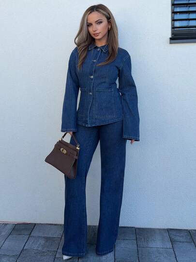 Jeta Ari Fall&Winter Halloween Christmas New Year Going Out Graduation Prom Elegant Formal Luxury Chic Business Casual Birthday/Office Outfits/Country Concert/Club Outfits Sexy/Western/Work Clothes/Streetwear/Vintage/Festival/Cocktail/Rave/Prom/Hawaii/Airport/Funny/Basic/Brunch Outfits/2000s Style/Bodycon/Old Money Style/Church/Homecoming/Classy/Party/Modest/Date Night/Autumn/Winter/Single-Breasted Denim Top/Coat/Jeans/Blue Washed Low Rise Baggy Wide Leg Cowgirl Jeans/Denim 2ps Outfit