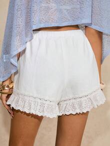 Poéselle 女士休闲镂空刺绣荷叶边短裤 - 白色 - 查看 7
