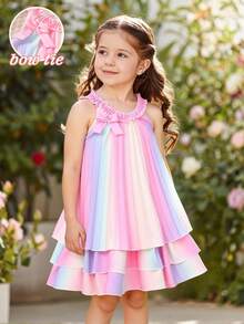 SHEIN Glamorique Kids 女童無袖彩虹條紋分層短洋裝，馬卡龍粉色夏季仙女生日套裝，圓領漸層壓褶洋裝 - 彩色 - 查看 8