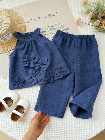 SHEIN 2pcs Baby Girl Woven Solid Color Sleeveless Casual Shirt And Leggings Set