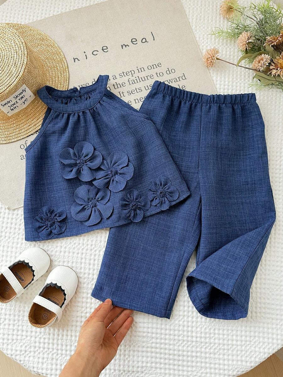 SHEIN LMoss Kids 2件套女婴梭织纯色无袖休闲上衣和打底裤套装 - 藍色 - 查看 1