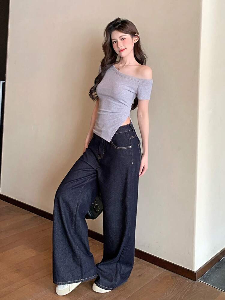 Women's Casual Solid Color Asymmetric Neck Side Slit T-Shirt, Summer