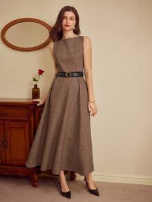 Vintamour Elegantes Vintage-Kleid für Damen, figurbetontes Bootausschnitt-Etuikleid mit ärmellos für Frühling/Sommer, in Grau, mit Taschen, Gürtel und ausgestelltem Saum, Langes Kleid - Braun - Übersicht 4