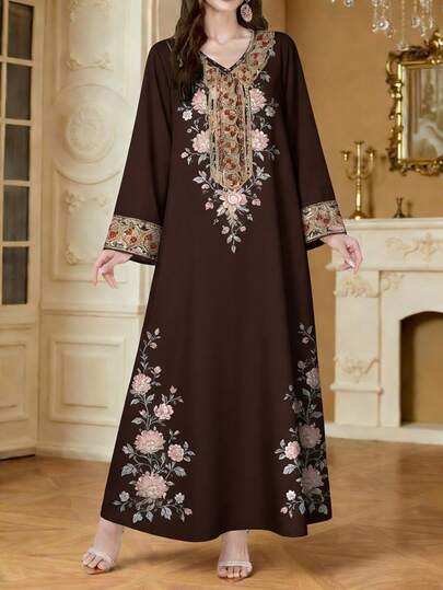 SHEIN Najma Women's Colorful Vine Pattern Digital Print Blue V-Neck Long Sleeve Elegant Arabic Maxi Dress, Spring/Autumn