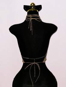 SHEIN DivaQ Women's Deep V-Neck Party Top, Rhinestone Embellished Shiny, Suitable For Music Festival, Carnival Party - Gold - View 3