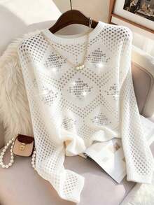 Chiquease 女士春夏休闲优雅日常派对菱形图案百搭纯色船领修身镂空亮片长袖插肩针织套头衫，女士白色上衣，女士派对，女士度假，女士闪亮上衣，亮片，镂空，女士度假钩针编织镂空上衣 - 白色 - 查看 1