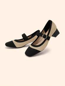 CUCCOO BASICS Women's Round Toe Chunky Heel Apricot Knit Slip-On Buckle Strap Fashionable Comfortable Breathable Casual Commute Versatile Mary Jane Flat Shoes - Apricot Black - View 3