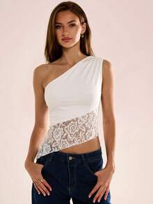 Avenya 不对称下摆撞色蕾丝肩部上衣 - 白色 - 查看 1