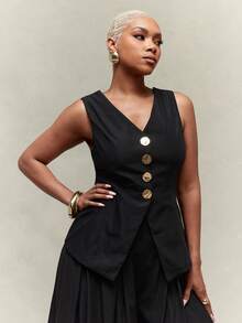 Vixey Black Slight Stretch Twill Button Up Split Hem Vest - Black - View 2
